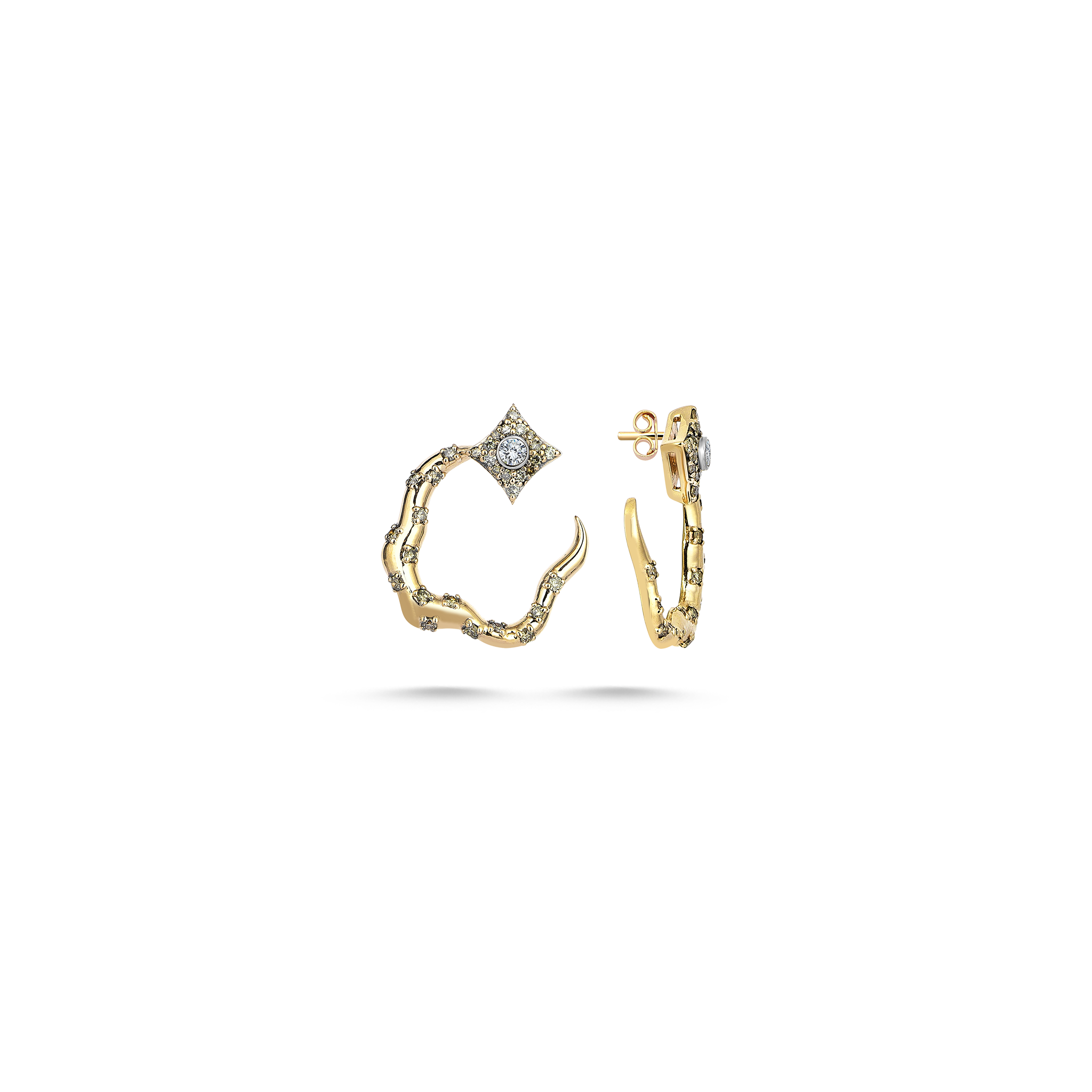 Curved Flame Brown Diamond Earring Yellow Gold